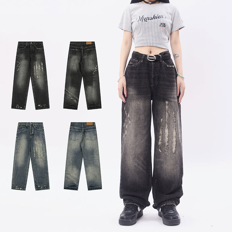 Loose Distressed Scratched Straight Leg Jeans - Premium Japanese Denim