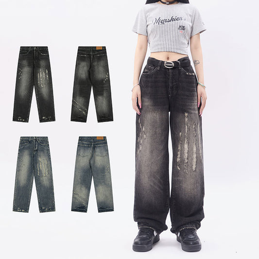 Loose Distressed Scratched Straight Leg Jeans - Premium Japanese Denim