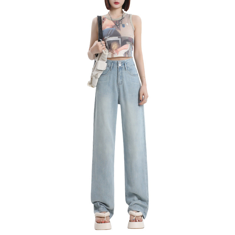 Women's Wide-Leg Jeans Summer Thin High-Waist Silk Straight Pants