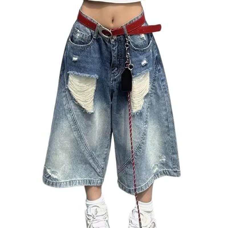 High-Waisted Spliced Hand-Cut Hole Denim Shorts - Retro Wide-Leg Seven-Quarter Pants