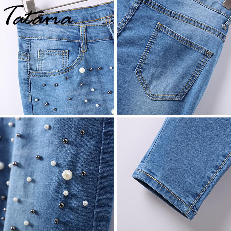 Denim Women Skinny Jeans with Pearls - Slim Fit Mid Waist Pencil Jeans