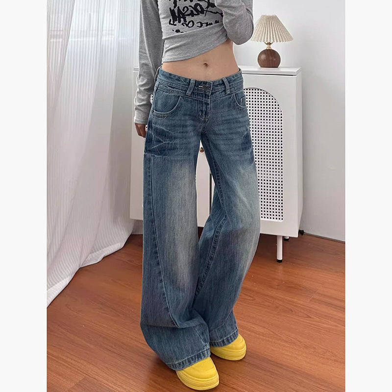 Neutral Personality Sweet Cool Washed Flared Low Waist Denim Pants for Women