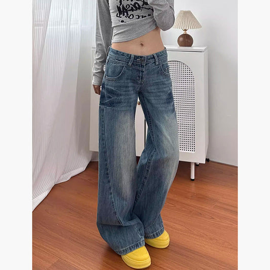 Neutral Personality Sweet Cool Washed Flared Low Waist Denim Pants for Women