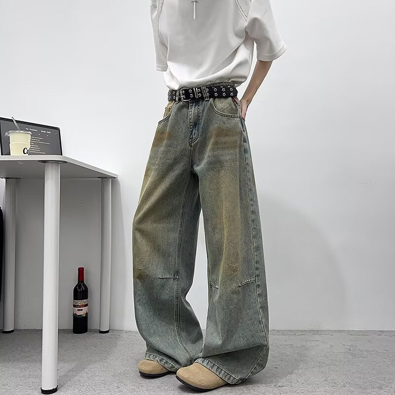 Vintage Distressed Dirty Blue Wide Leg Jeans - Premium Japanese Denim