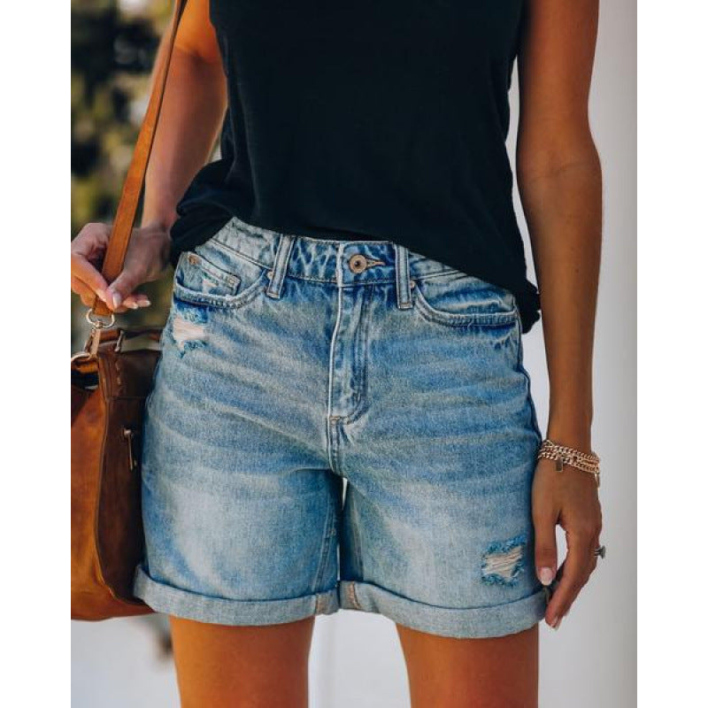 Fashion Street Style Rolled Hem Distressed Straight Leg Women's Denim Shorts