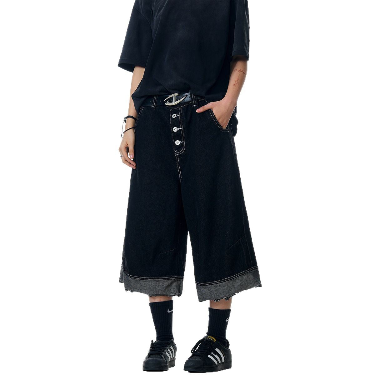 Splicing Silhouette Loose Wide Leg Curved Knife Shorts - Black