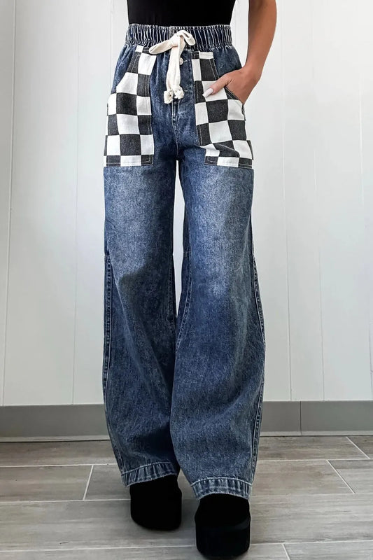 Premium Checkered Wide Leg Jeans - Japanese Denim
