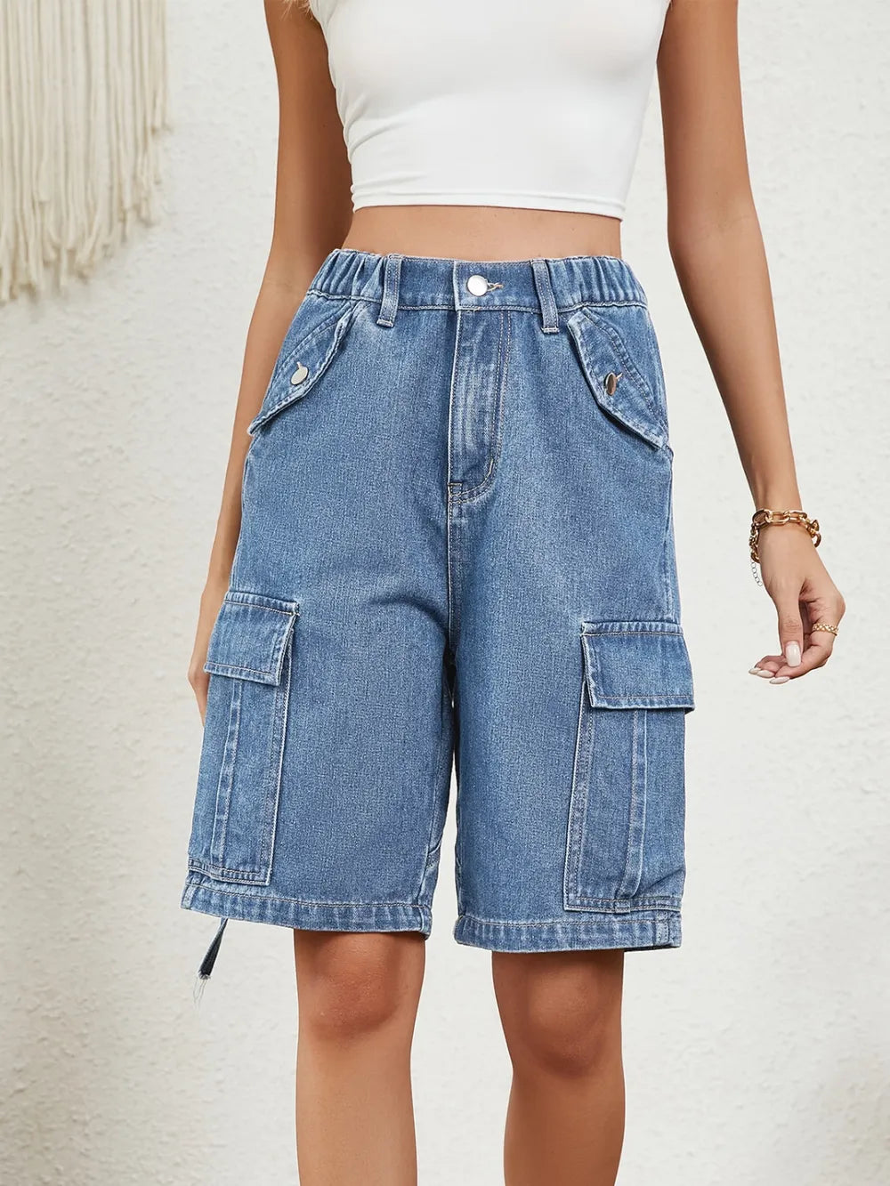 High Waist Denim Shorts with Pockets - Casual Chic Style