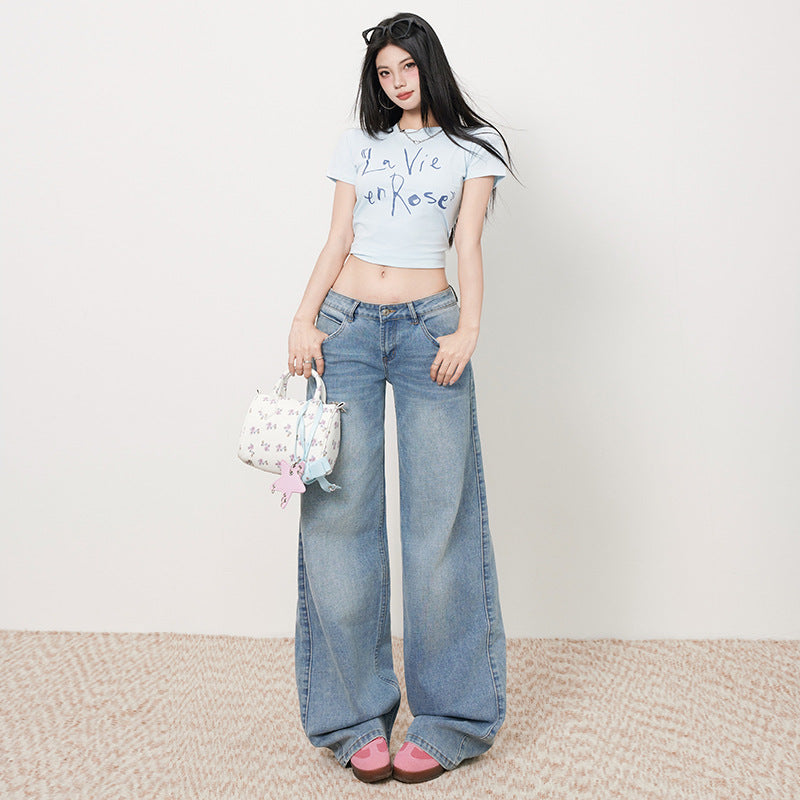 Women's Low-Waist Elastic Pattern Straight Jeans - Summer Light Color Wide-Leg Pants