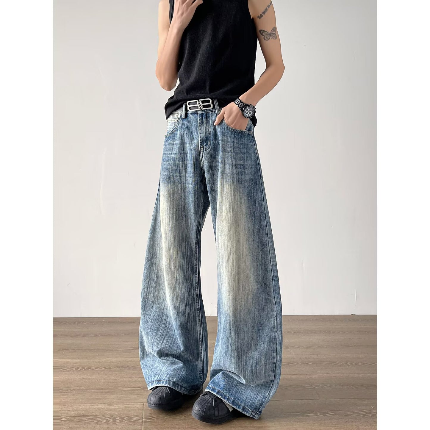 Bamboo Patterned Curved Knife Jeans - Loose Retro Washed Silhouette