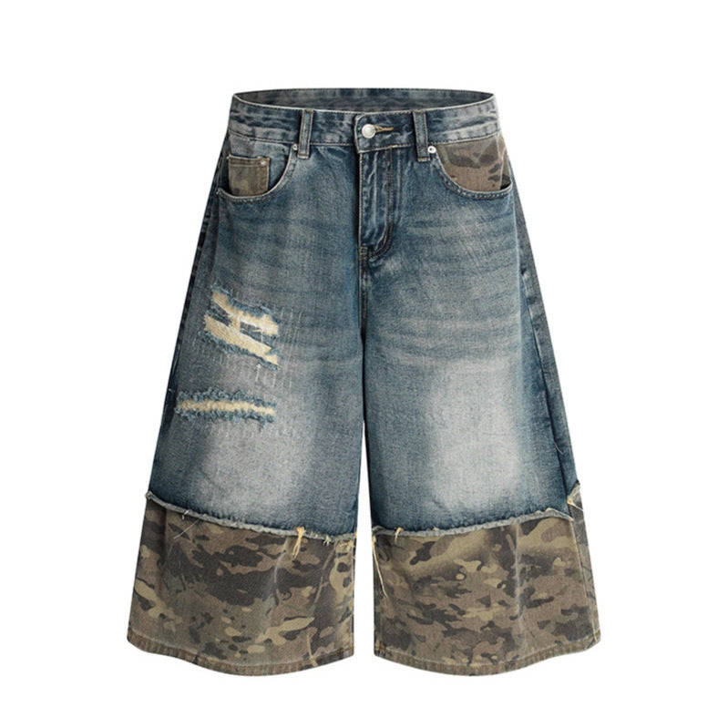 Camouflage Patchwork Denim Shorts for Modern Streetwear