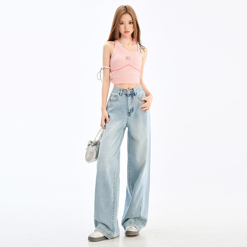 Vintage High-Waisted Wide-Leg Jeans for Women - Loose and Slimming Full-Length Straight Pants