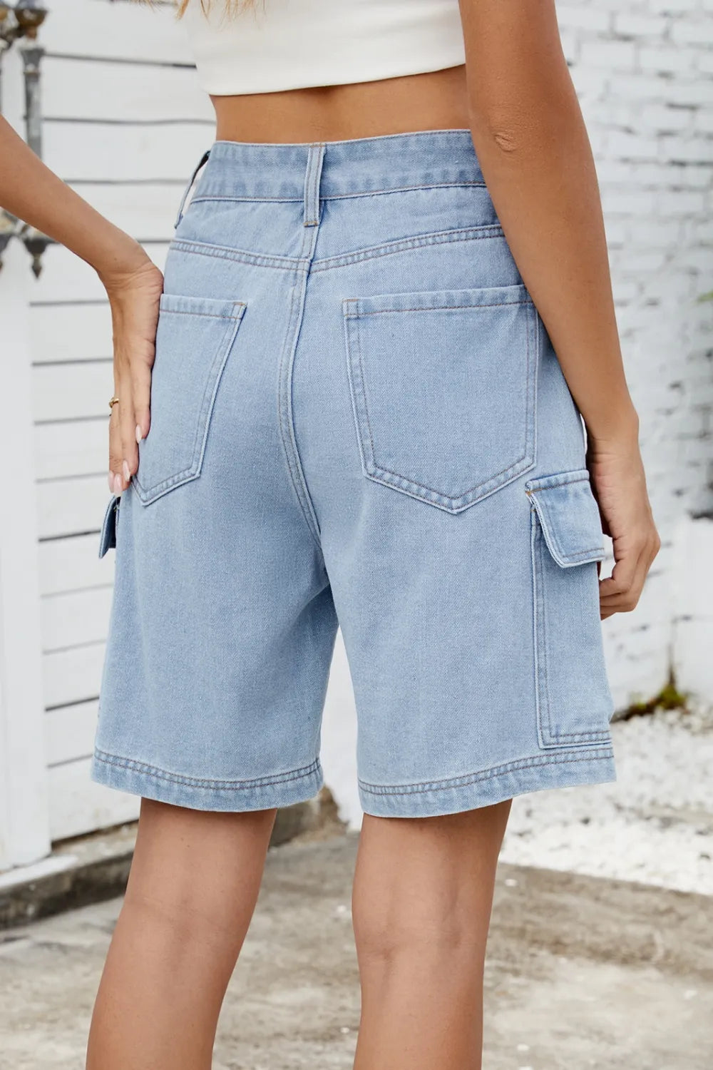 High Rise Denim Shorts with Cargo Pockets