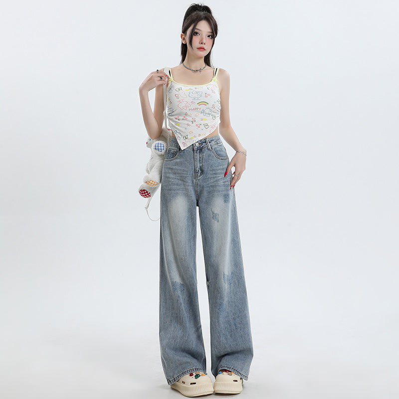 Women's Washed High-Waist Wide-Leg Jeans - Summer Loose Slimming Drape Trousers