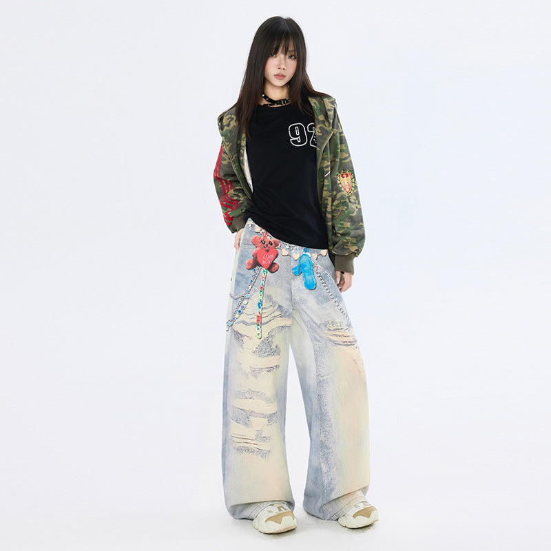 Graffiti Heart Bear Chain Curved Knife Pants - High Street Loose Wide Leg Jeans for Women