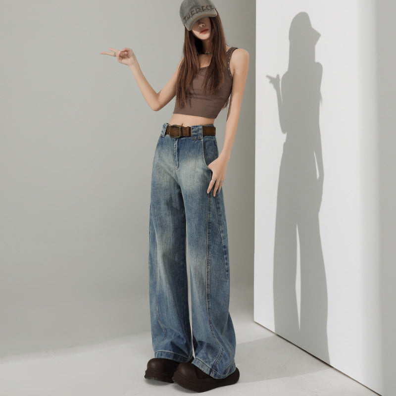 Retro Wide-Leg Jeans for Women - Loose Slimming Versatile Floor-Length Slit Pants