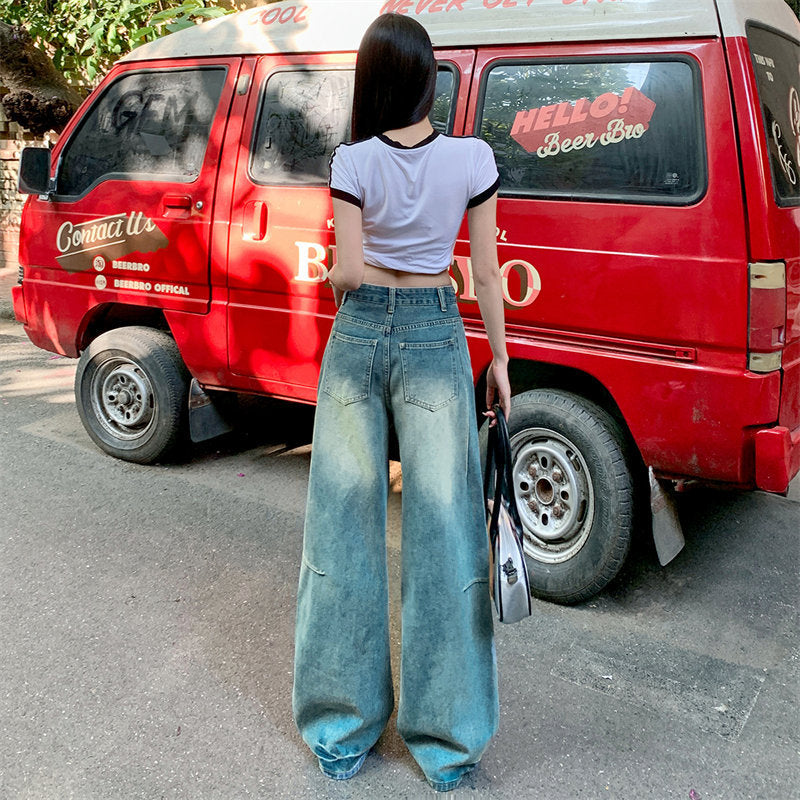 Retro Smocked Loose Flare Denim Pants for Women - Summer Casual Long Trousers