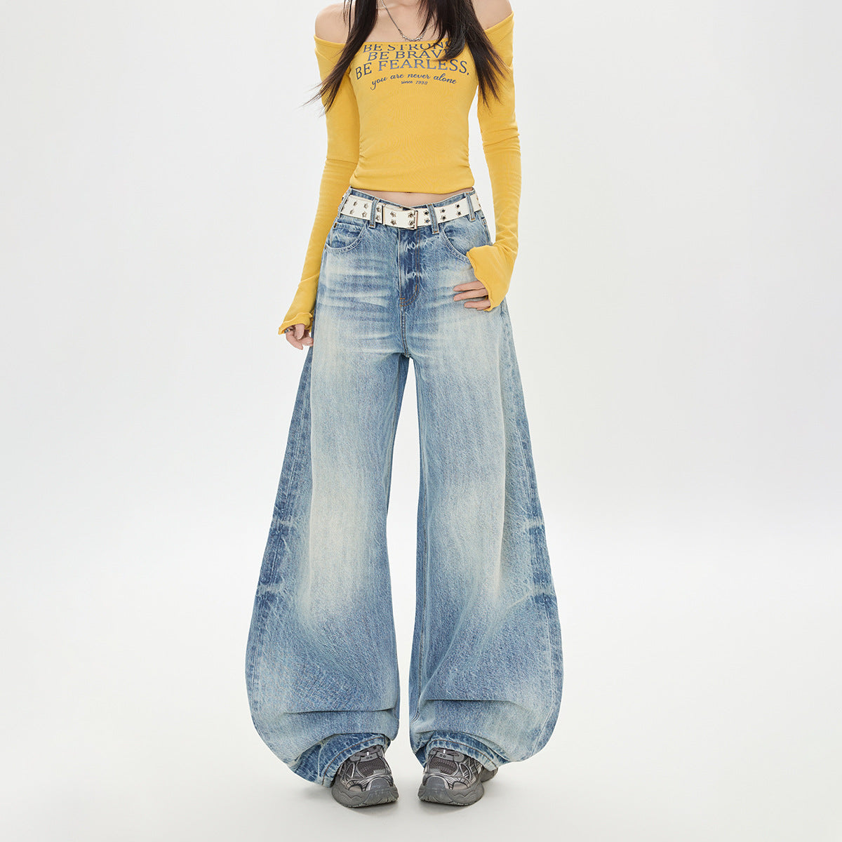 Washed Denim Pants for Women - Loose Fit, High Waist, Pleated Design