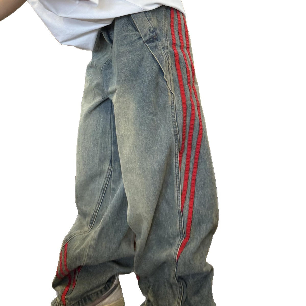 Vintage Denim Straight Leg Wide Leg Pants with Side Stripes