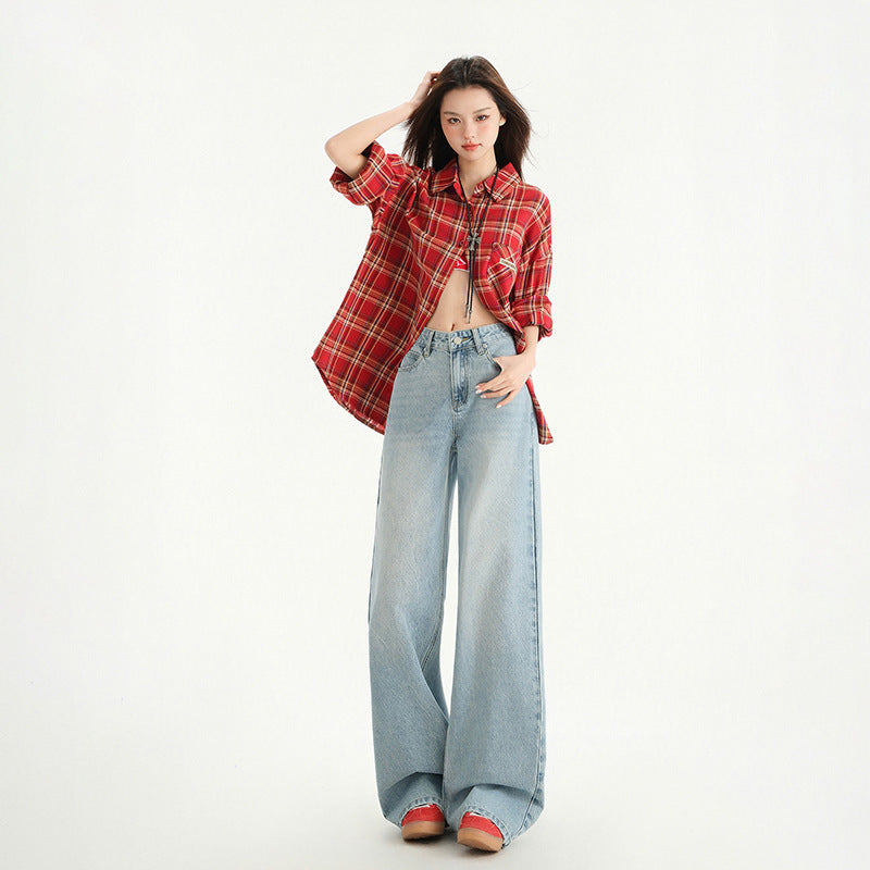 High Street Straight Leg Loose Drape Wide Leg Jeans for Women