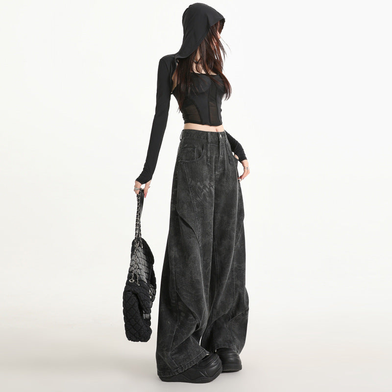 Black Gray Wide-Leg Jeans for Women - High-Waist Straight Loose Design with Unique Print