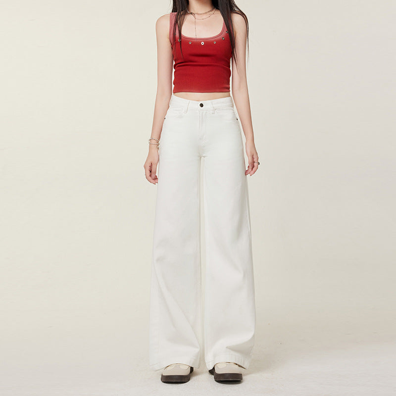 Women's White Denim Pants - Summer Casual Thin Slim Floor-Length Straight-Leg Trousers
