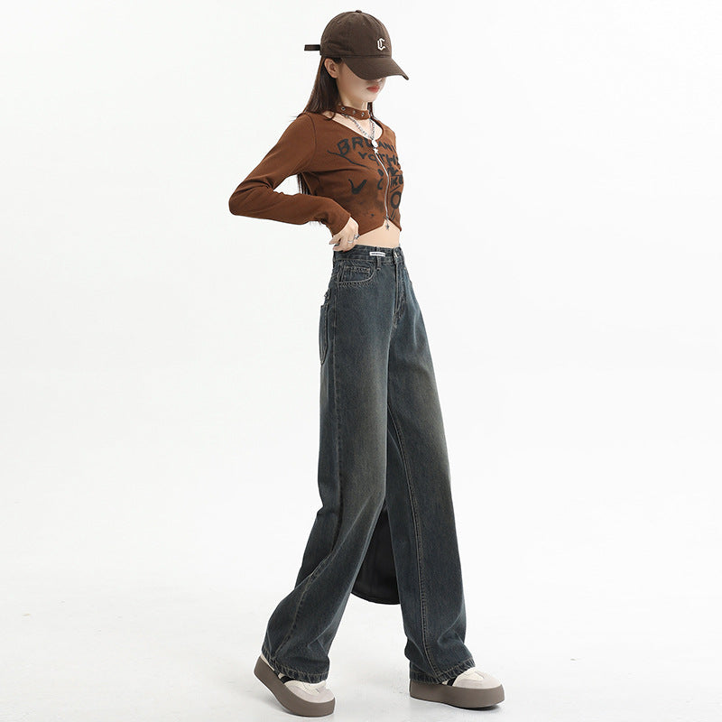 Women's High-Waist Washed Vintage Cement Grey Straight Pants