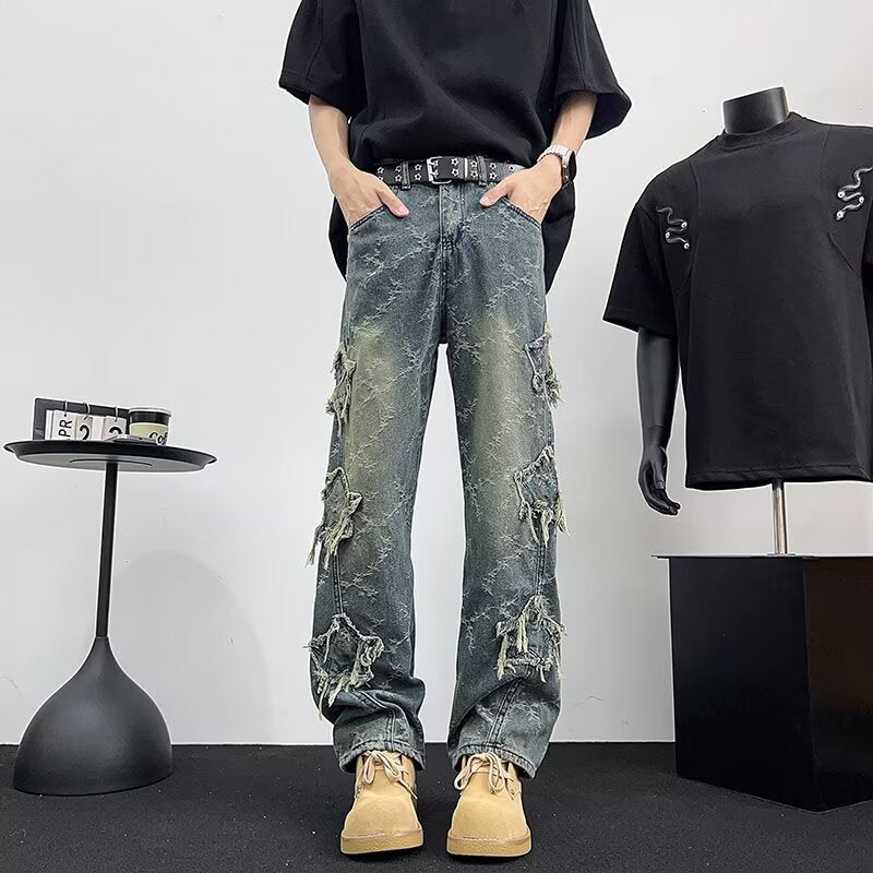 Star Jacquard Fringed Jeans - Premium Japanese Denim