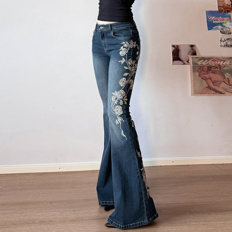 Rose Embroidery Retro Gradient Spicy Jeans