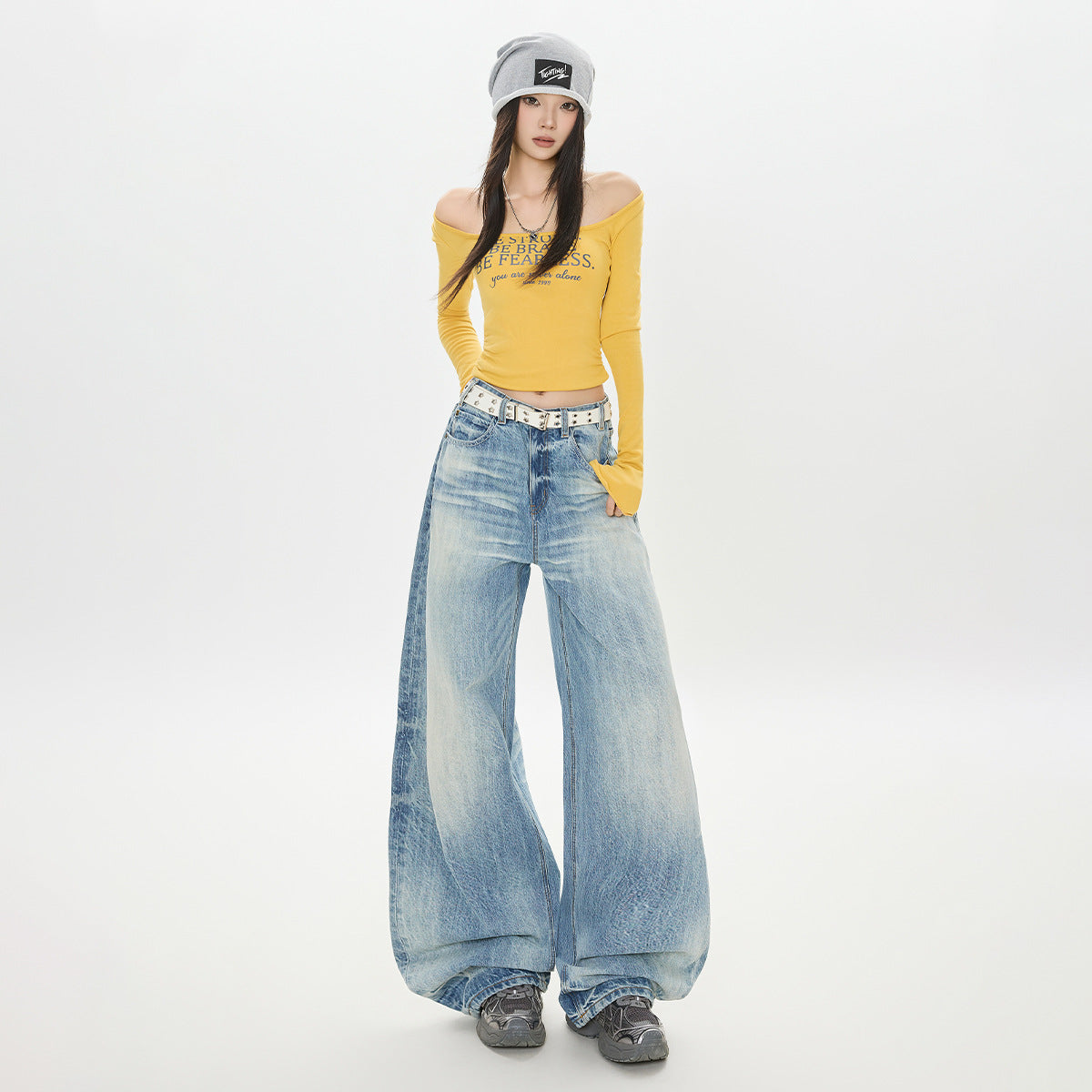Washed Denim Pants for Women - Loose Fit, High Waist, Pleated Design