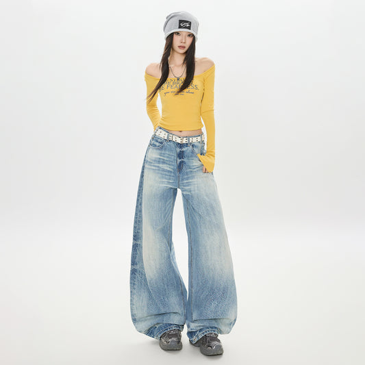 Washed Denim Pants for Women - Loose Fit, High Waist, Pleated Design