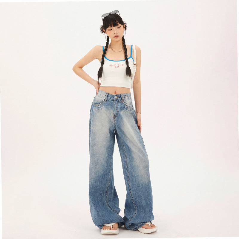 Women's Washed High-Waist Loose Extra-Long Wide-Leg Pants