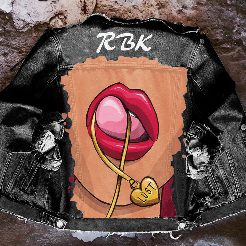 Women's Autumn Denim Jacket with Tongue Out Print