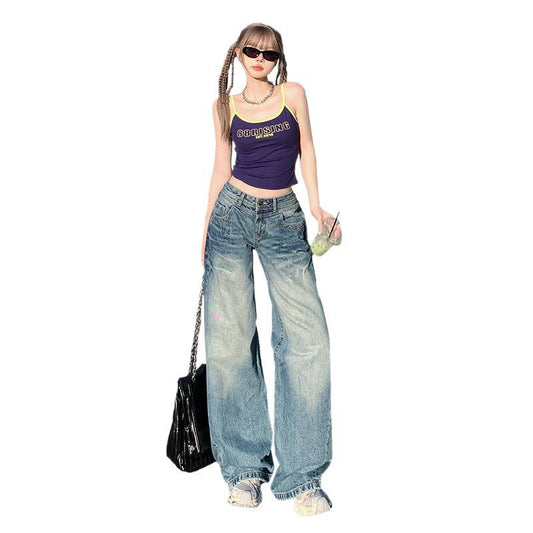 Retro Low-Waist Denim Pants for Women - Sexy Slim Wide-Leg Loose Trumpet Pants