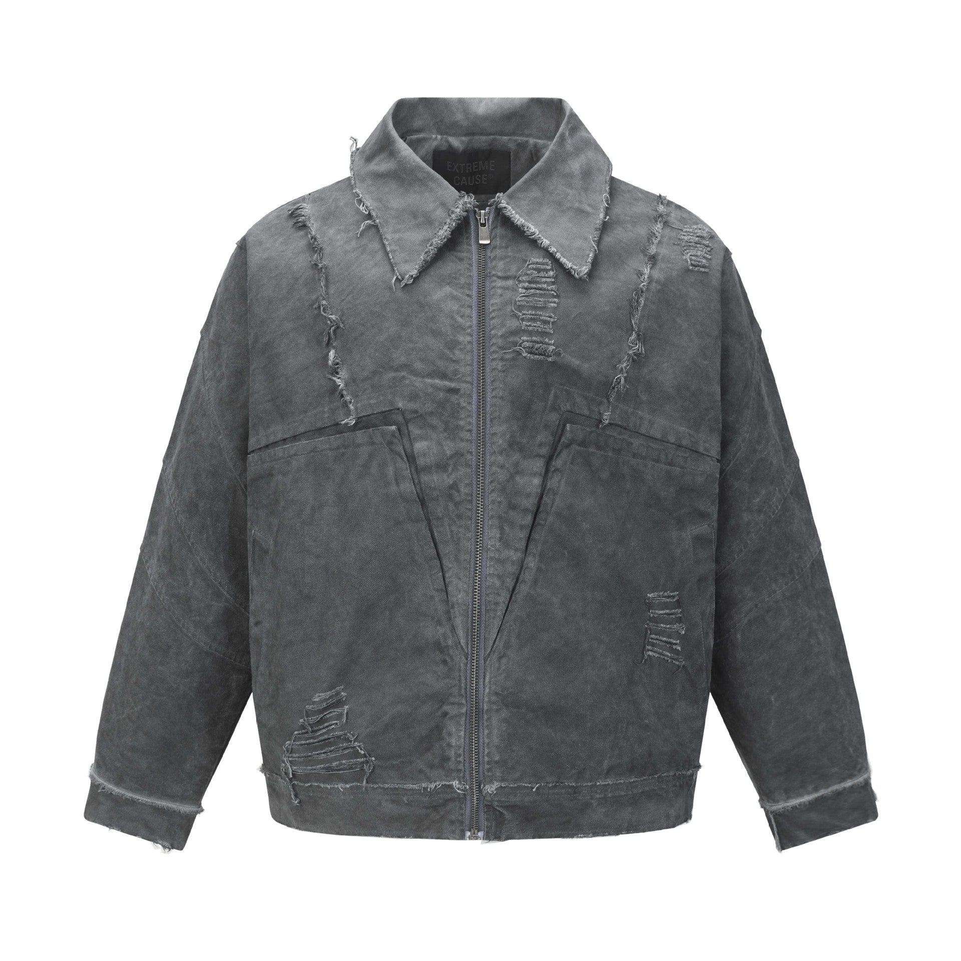 Retro Washed Distressed Patchwork Whisker Collar Denim Jacket - Unisex Casual Outerwear