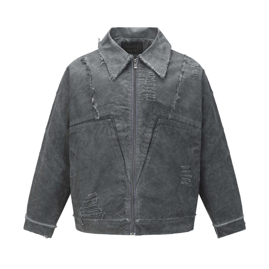 Retro Washed Distressed Patchwork Whisker Collar Denim Jacket - Unisex Casual Outerwear