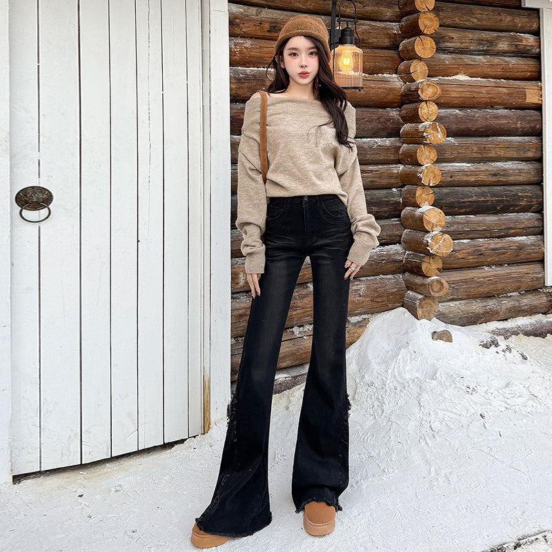 Women's High Waist Flared Denim Pants - Retro Elastic Skinny Trousers