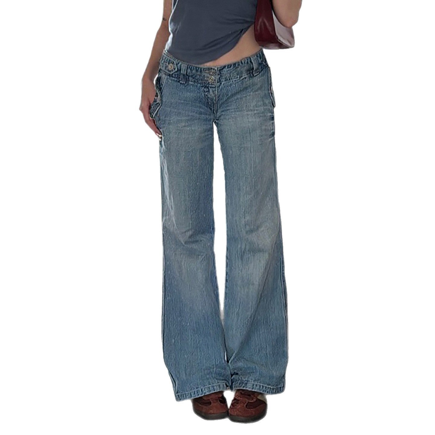 Washed Retro Blue Denim Wide Leg Slim Fit Low Waist Pants