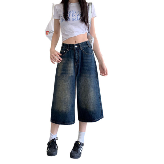 Loose Wide Leg Slimming Retro Straight Leg Mid Length Pants