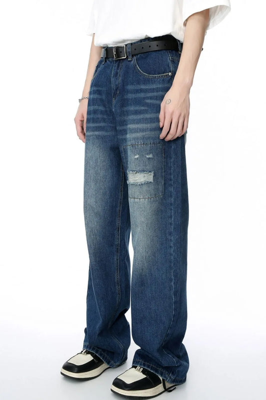 Men's Distressed Applique Straight Jeans - Premium Japanese Denim