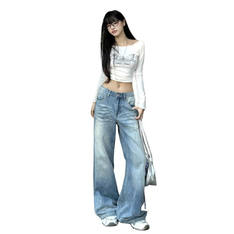 Light Blue Denim Pants Women - Water Washed Wide Leg Loose Straight Trousers