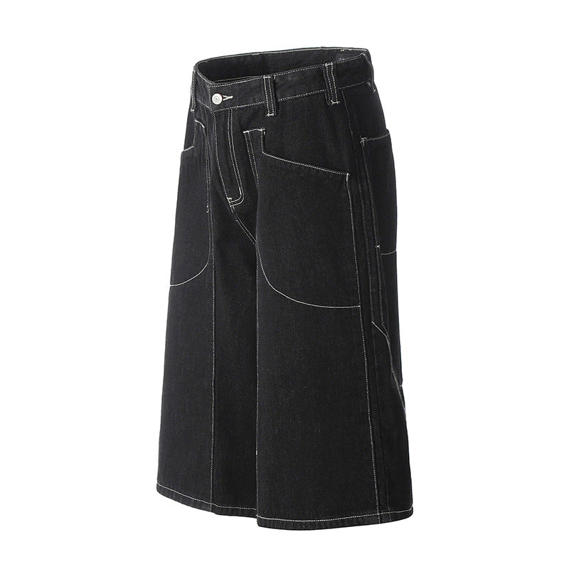 Loose Denim Shorts with Visible Thread Decoration - Black