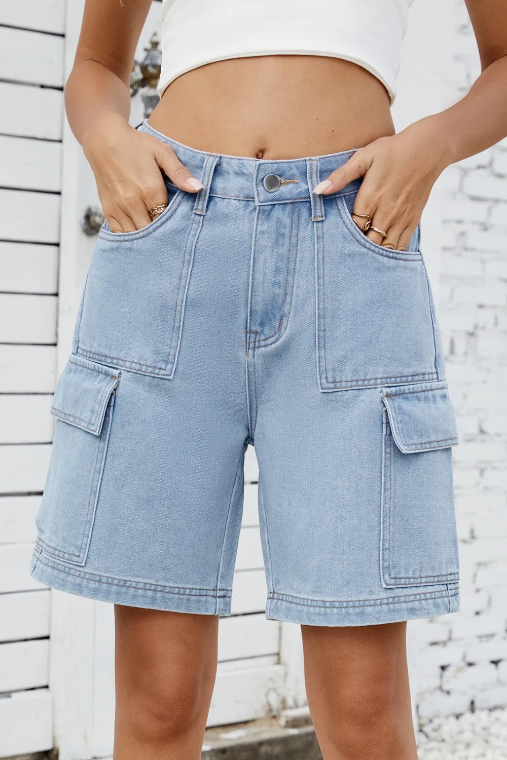 High Rise Denim Shorts with Cargo Pockets