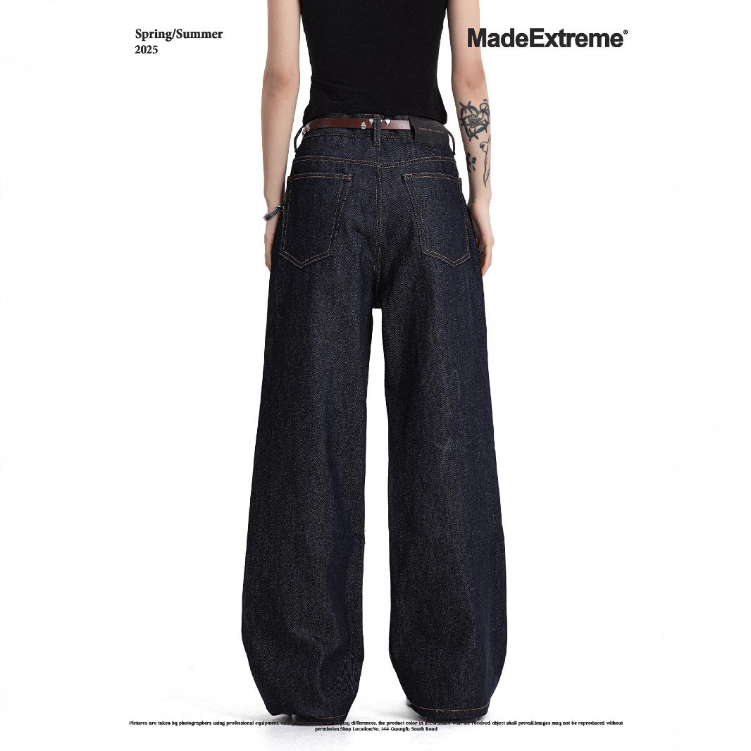 Deep Blue Straight Flared Wide Leg Denim Trousers