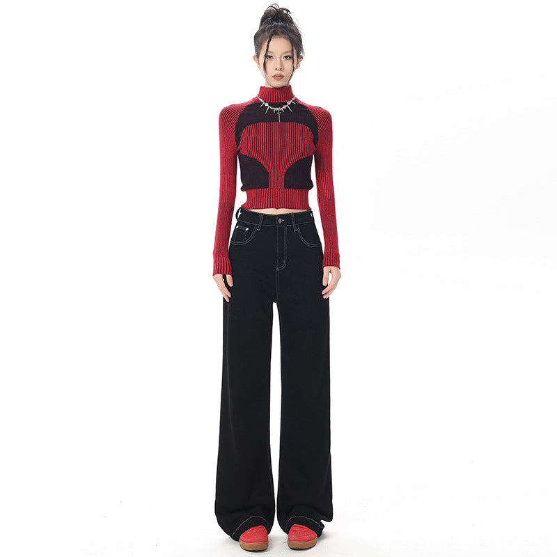 Women's Black Retro Wide Leg Jeans - Trendy Loose Floor-Length Pants
