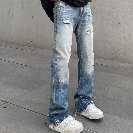 Streetwear Distressed Washed Ripped Flared Jeans for Men