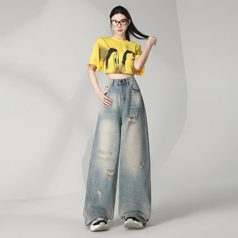 Retro Distressed Washed Ripped Jeans for Women - Loose High Waist Slim Wide Leg Floor-Length Pants