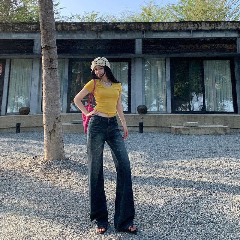 Women's Flare Jeans - High-Street Retro Summer Thin Floor-Length Denim Pants