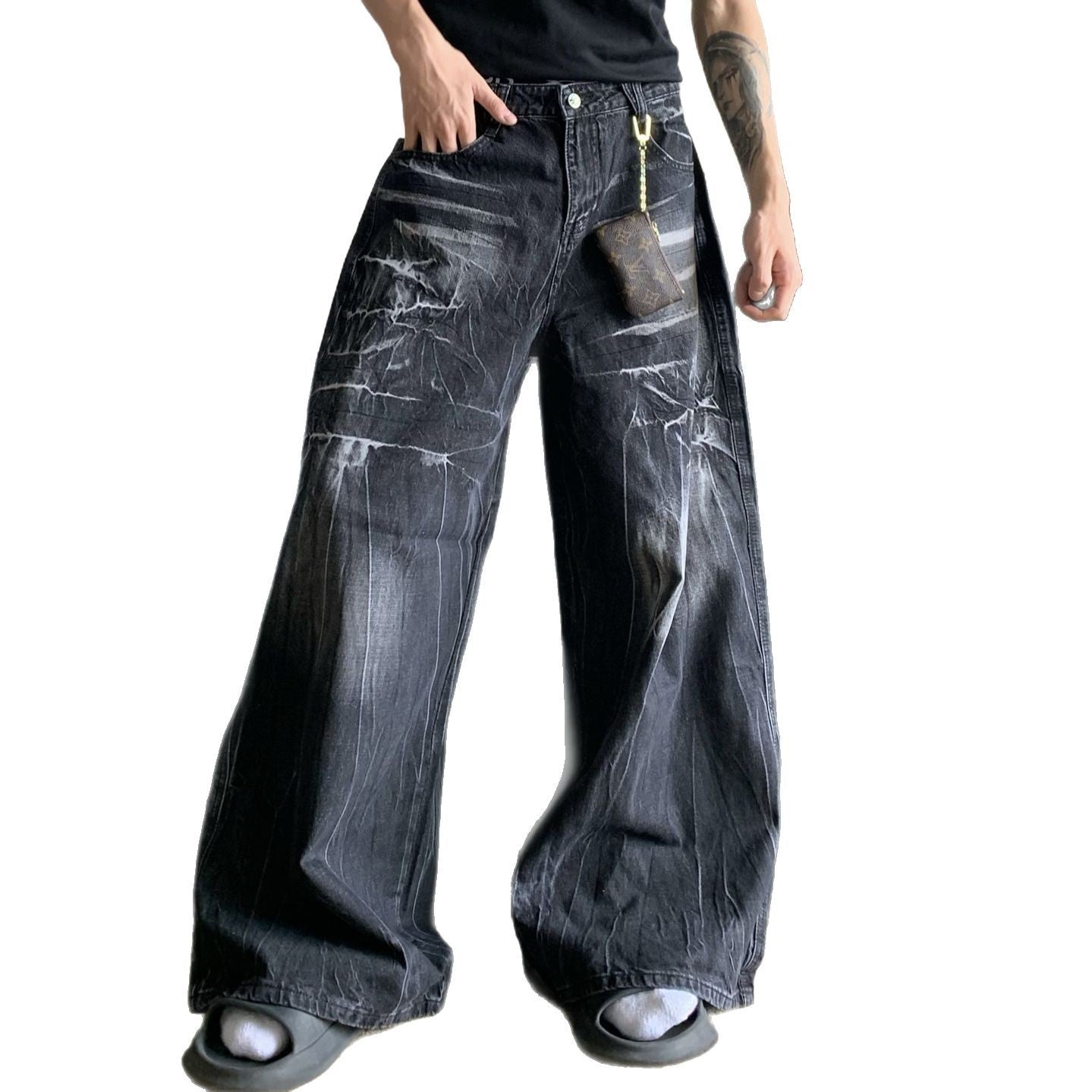 Black Lightning Pattern Jeans for Men and Women - High Street Cleanfit Wide Leg Pants