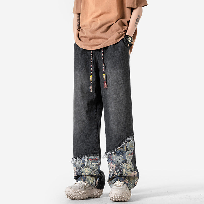 Bear Spliced Denim Pants - Men's Rugged Workwear Straight Leg Trousers